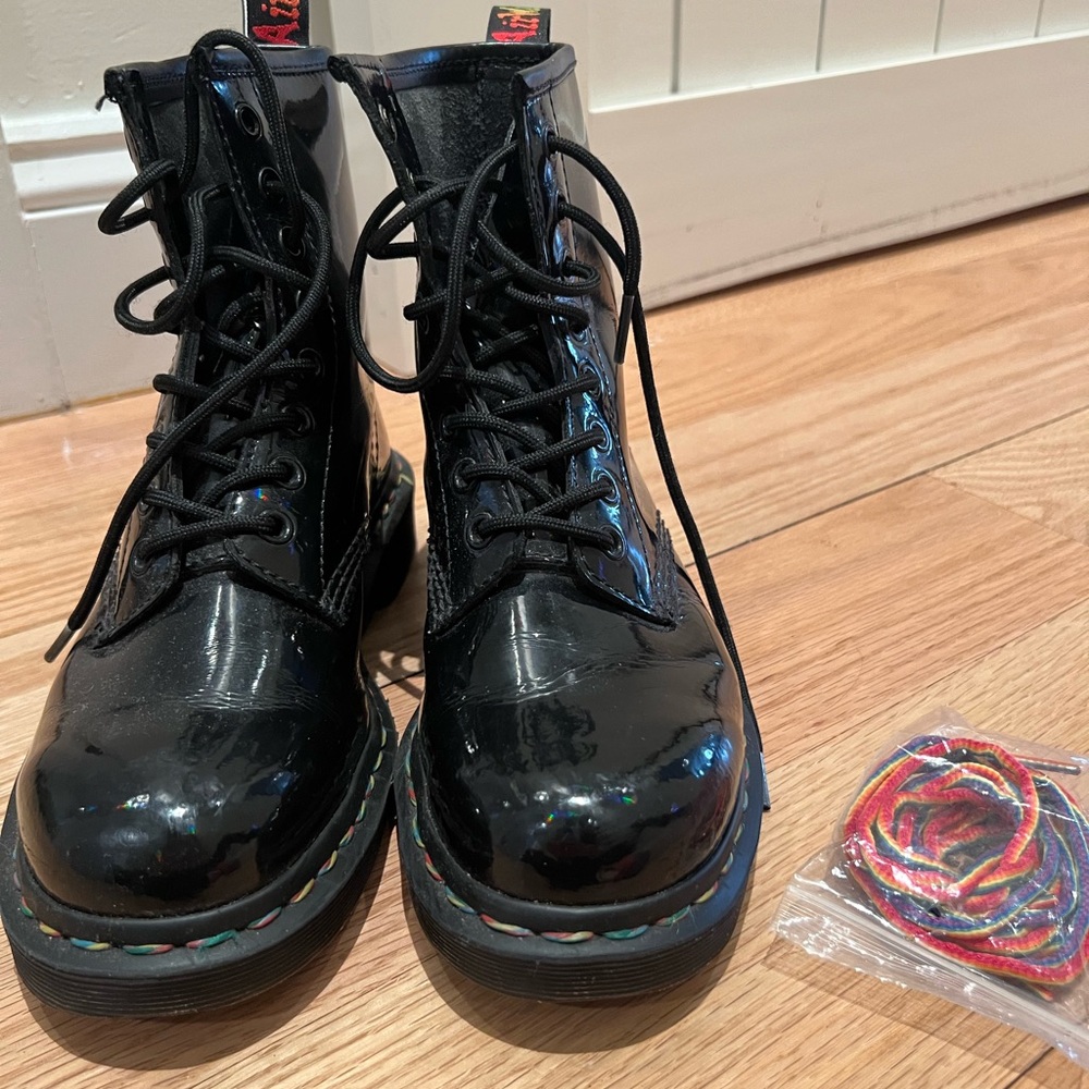 Dr. Martens 1460 Rainbow Patent leather Black Combat Boots with Multicolor Laces